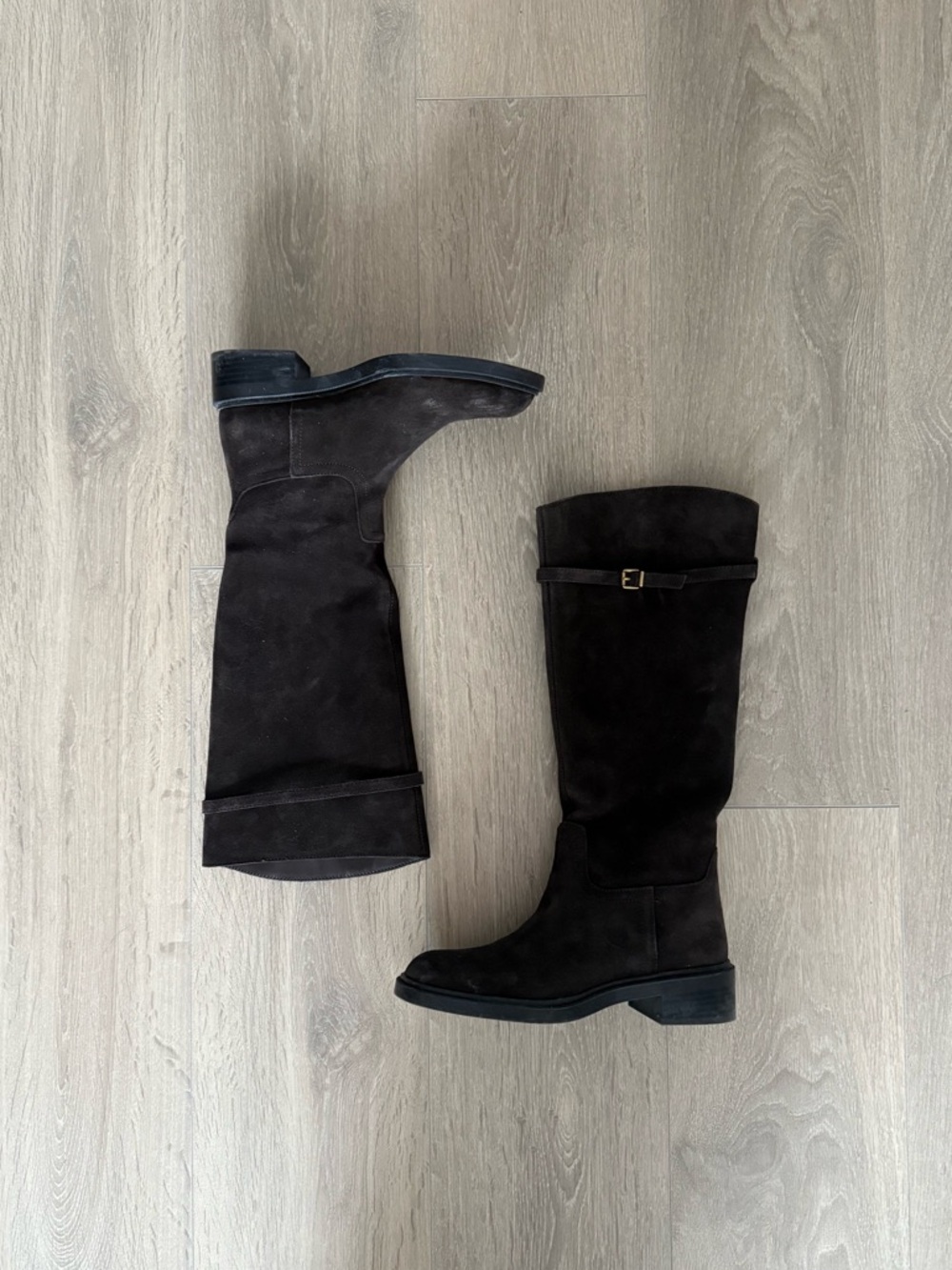Zara Brown Suede Knee Boots with Buckle Accent